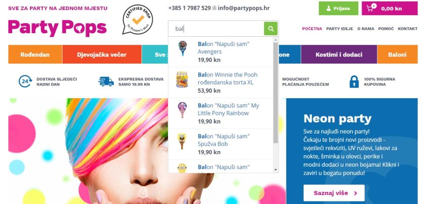 Ugrađena tražilica pojmova u web shopu - partypops.hr