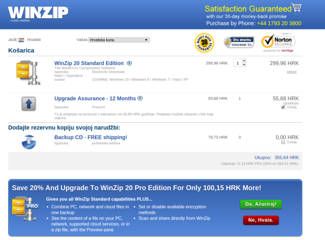WinZip u checkout procesu upotrebljava up-selling čak dva puta
