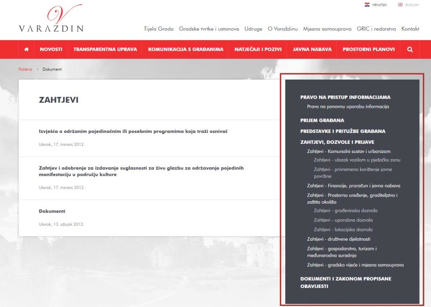 Primjer izbornika sa strane - web stranice Grada Varaždina