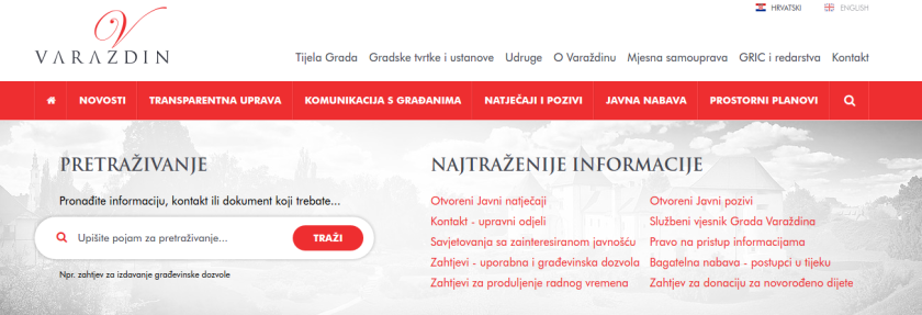Primjer izbornika na vrhu stranice - web stranice grada Varaždina