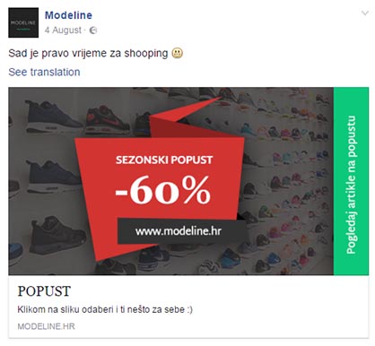 Modeline web shop - promocija na Facebook društvenoj mreži