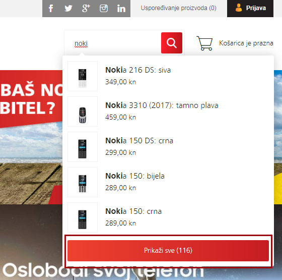 Padajući izbornik na web shopu mobis.hr